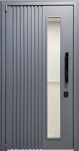 Входная термодверь с металлорейками, стеклом, электронным замком и полимерной покраской серого цвета
