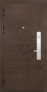 Стальная дверь с панелями МДФ коричневого цвета и хромированной вставкой